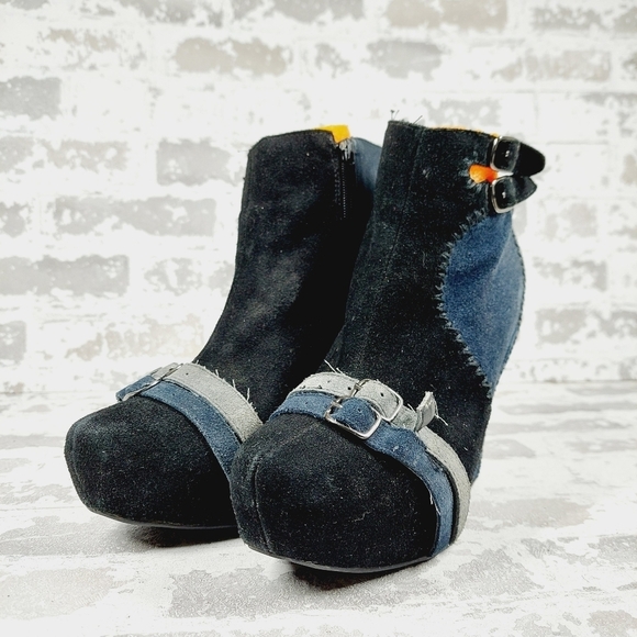 Restricted Blue & Black High Heel Patchwork Wedge Buckle Booties C623 - Picture 2 of 14